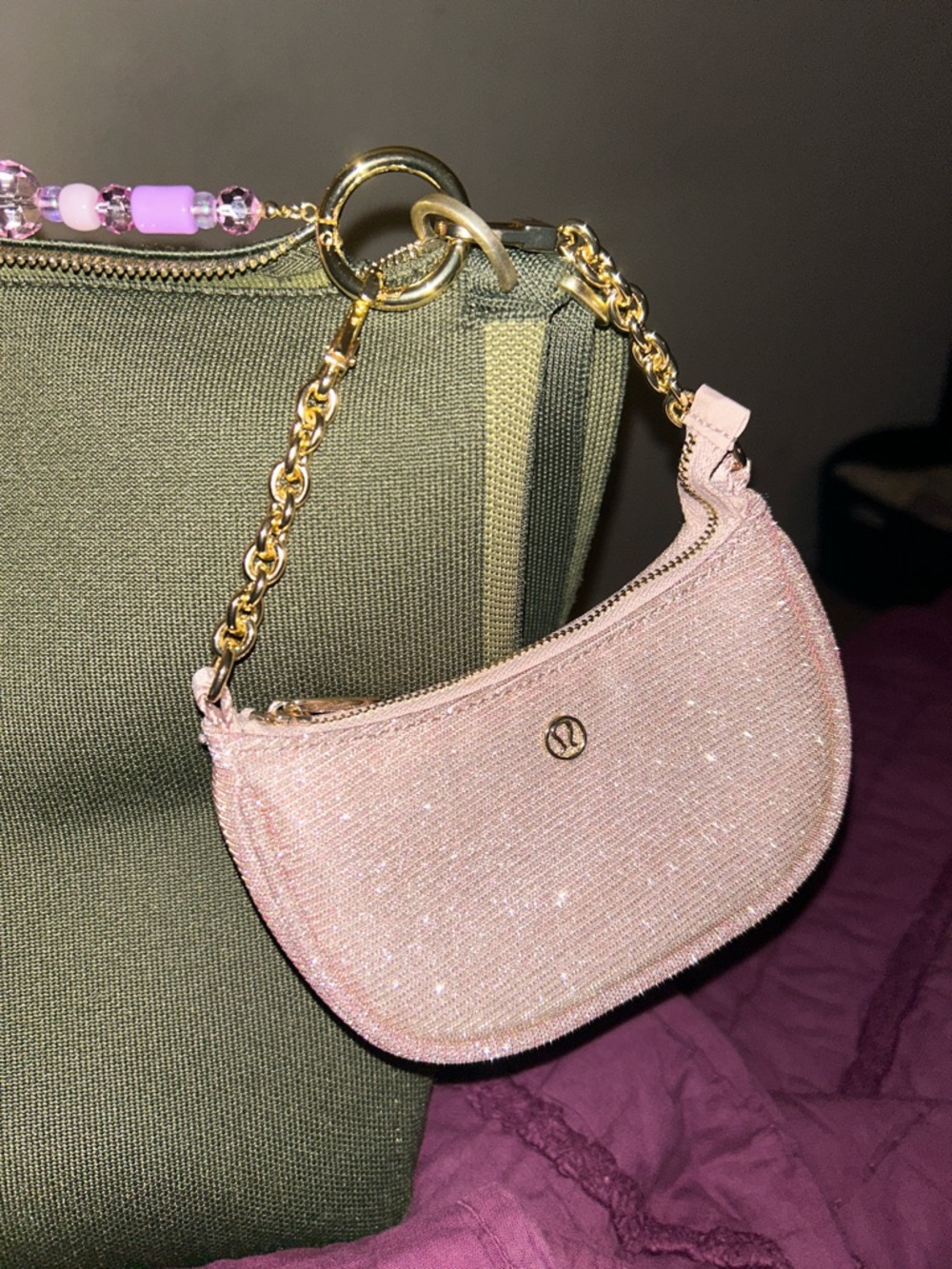 lululemon athletica Pink Sparkle Mini Bag with Gold Chain for @katyabaca